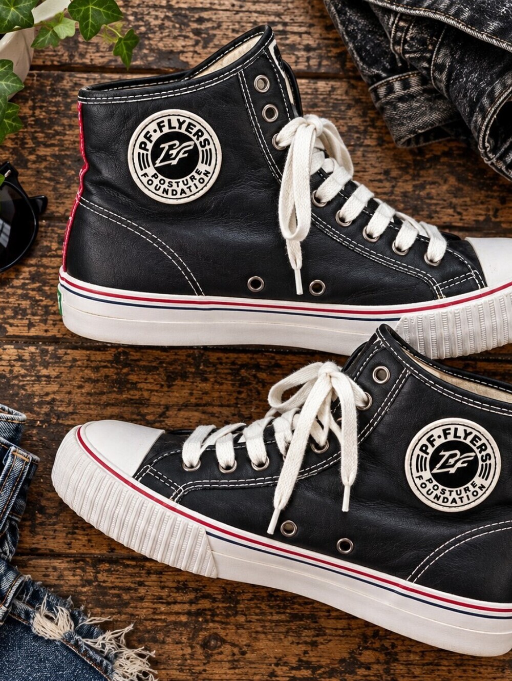 PF Flyer black Leather Rockabilly Punk Hightop Lace Up Sneakers. W13, M 11.5